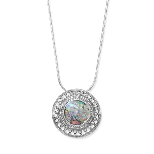 Roman Glass Round Pendant 925 Silver Snake Chain 23mm Rope Edge w/Certificate
