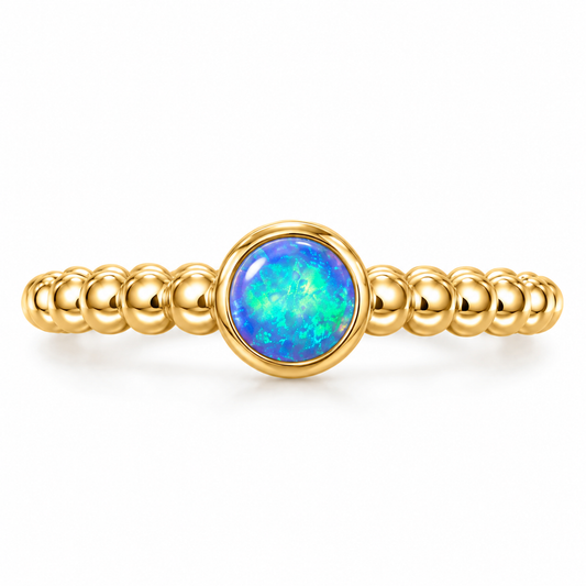 Synthetic Blue Opal Ring 14K Gold Plated 925 Silver 5mm Round 2mm Band Sizes 6-9