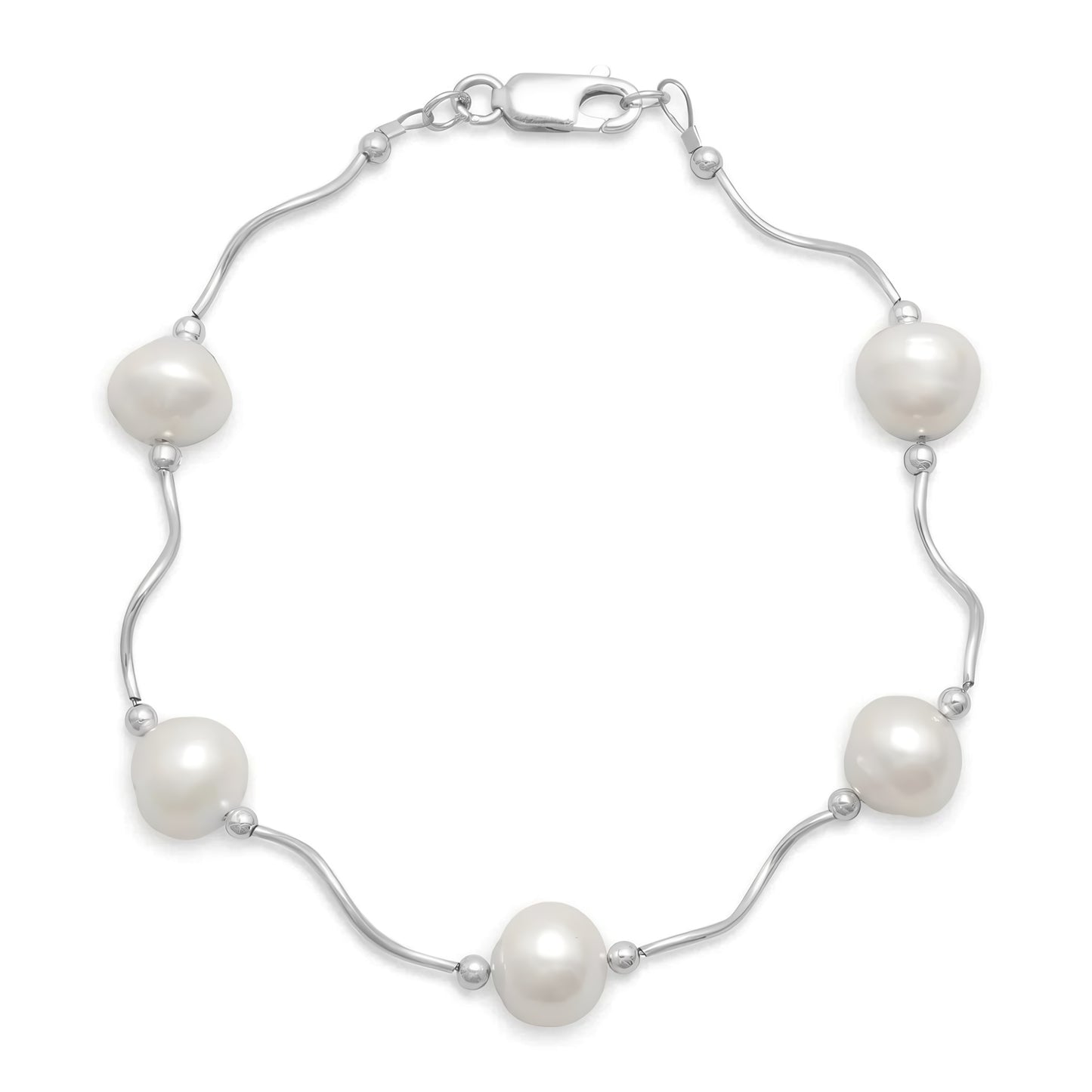 Wave Design Freshwater Pearl Bracelet 925 Sterling Silver 8.5mm Pearls 8in