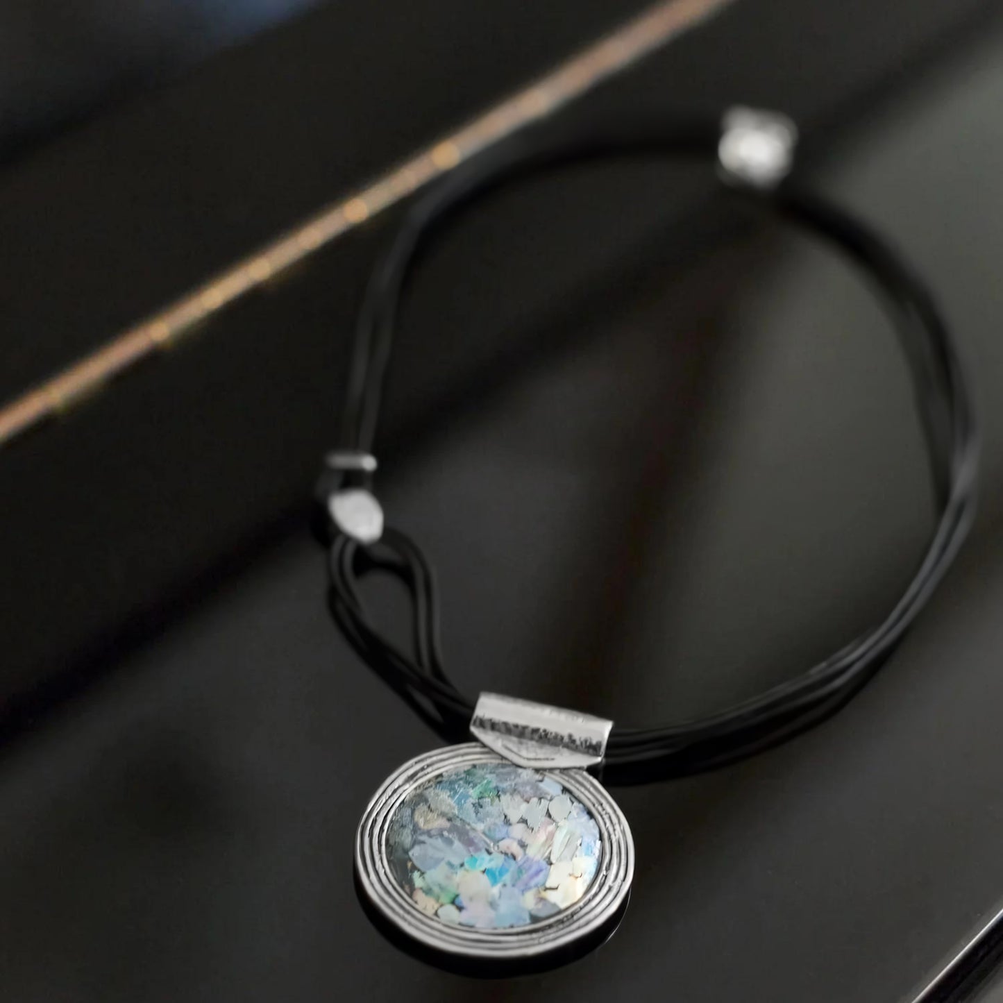 Ancient Roman Glass Necklace - Sterling Silver Black Leather Multi-Strand