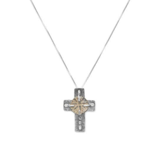 Sterling Silver Cross Necklace with Ancient Widows Mite Coin, 16.5 Inch Chain, 27mm x 19mm Pendant