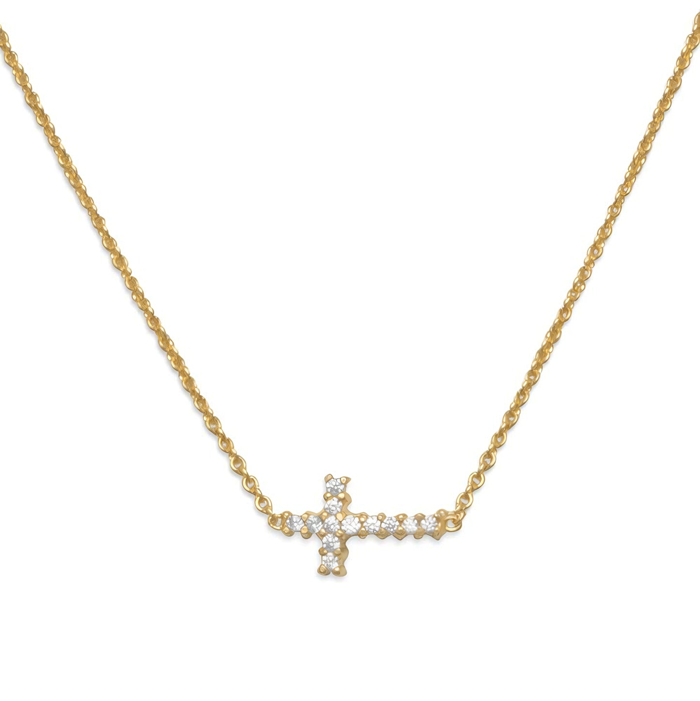 14 Karat Gold Plated Sterling Silver Necklace with Sideways CZ Cross, 16 Inch Chain, Lobster Clasp
