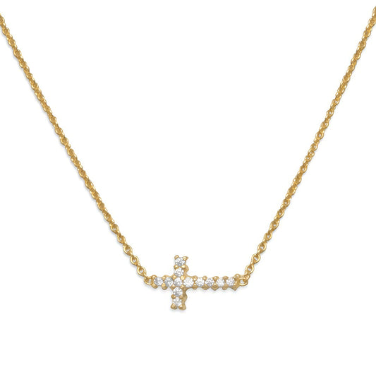 14 Karat Gold Plated Sterling Silver Necklace with Sideways CZ Cross, 16 Inch Chain, Lobster Clasp