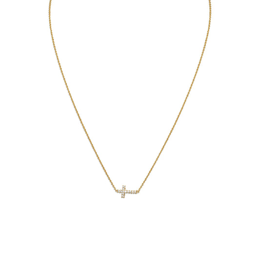 16" 14 Karat Gold Plated Necklace with Sideways CZ Cross