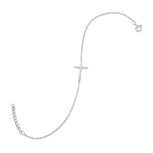 7"+ 1" Rhodium Plated Bracelet with CZ Sideways Cross
