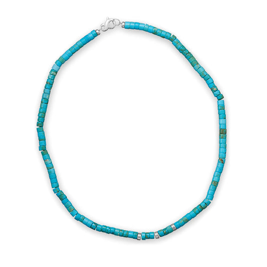 Generic Sterling Silver Turquoise Heishi Bead Necklace, Reconstituted Stone with Silver Rondelle Beads, 21 Inch Length, 4mm x 5.5mm Beads