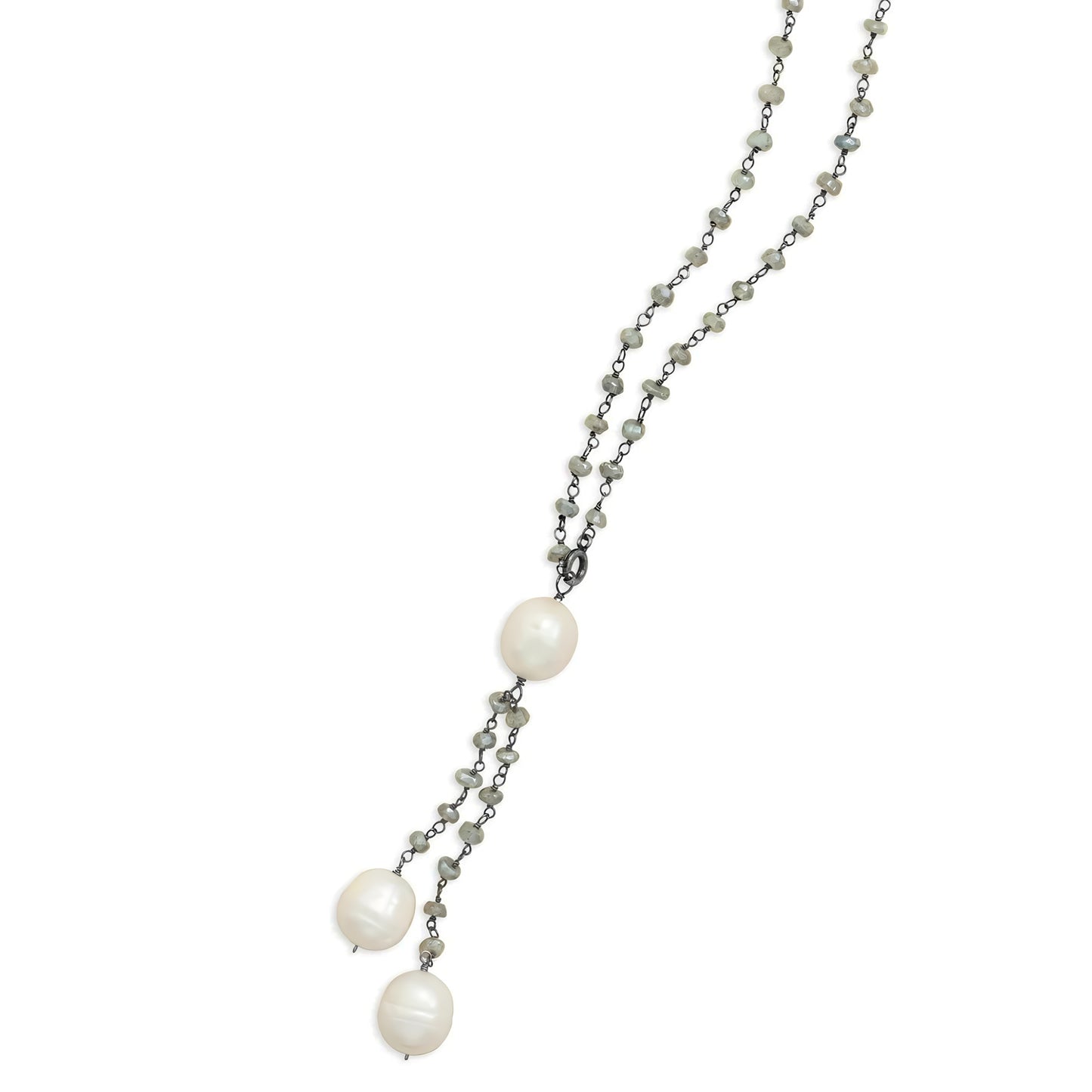 Labradorite Pearl Drop Necklace Oxidized 925 Sterling Silver 10mm Pearl 18 Inch