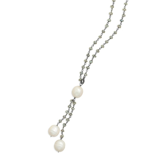 Labradorite Pearl Drop Necklace Oxidized 925 Sterling Silver 10mm Pearl 18 Inch