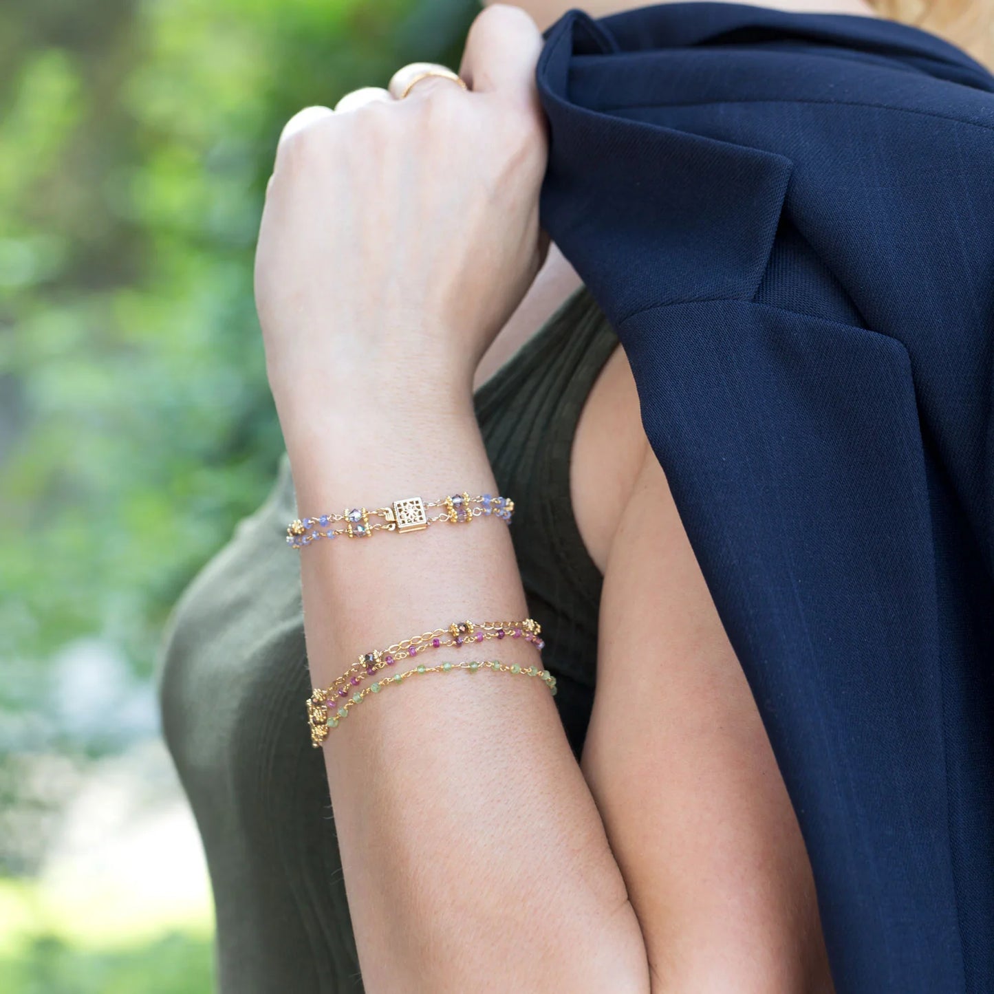 14K Gold Plated Double Strand Bracelet with Tanzanite and Citrine