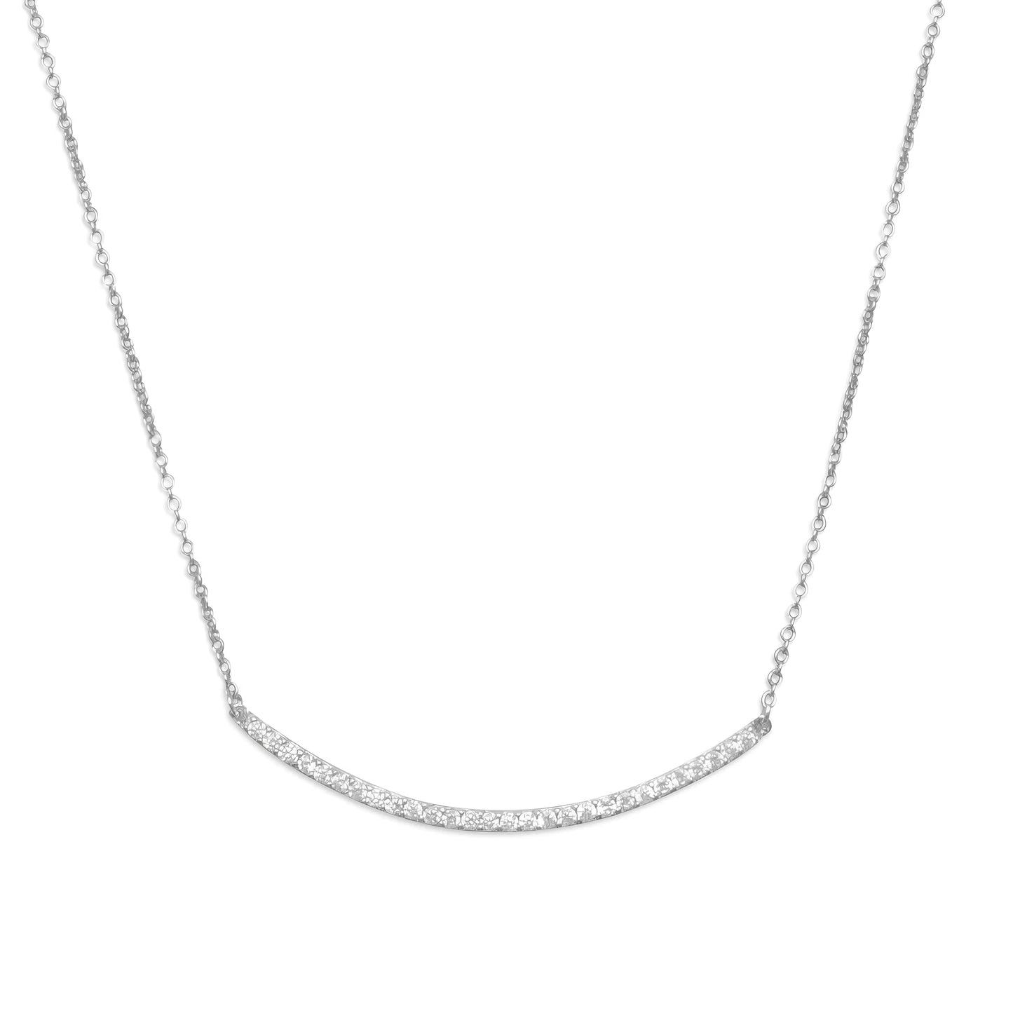 Sterling Silver Curved CZ Bar Necklace, Rhodium Plated, 18 Inch with 2 Inch Extension, Lobster Clasp