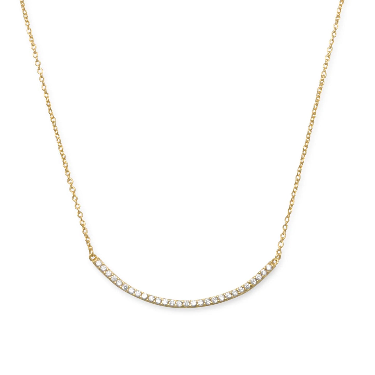 14 Karat Gold Plated Sterling Silver Curved CZ Bar Necklace, 18 Inch with 2 Inch Extension, Lobster Clasp