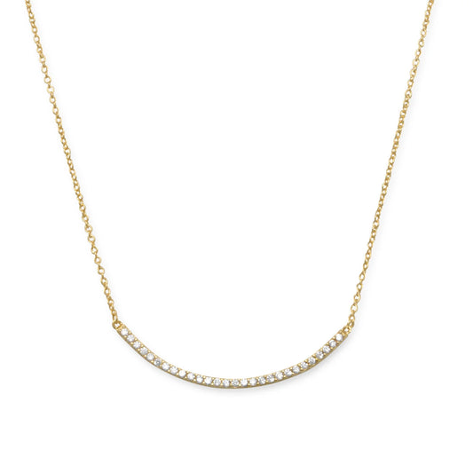 14 Karat Gold Plated Sterling Silver Curved CZ Bar Necklace, 18 Inch with 2 Inch Extension, Lobster Clasp