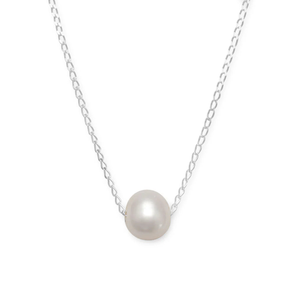 Sterling Silver Floating Cultured Freshwater Pearl Necklace, 16 Inch with 2 Inch Extension, 9mm Pearl, Lobster Clasp