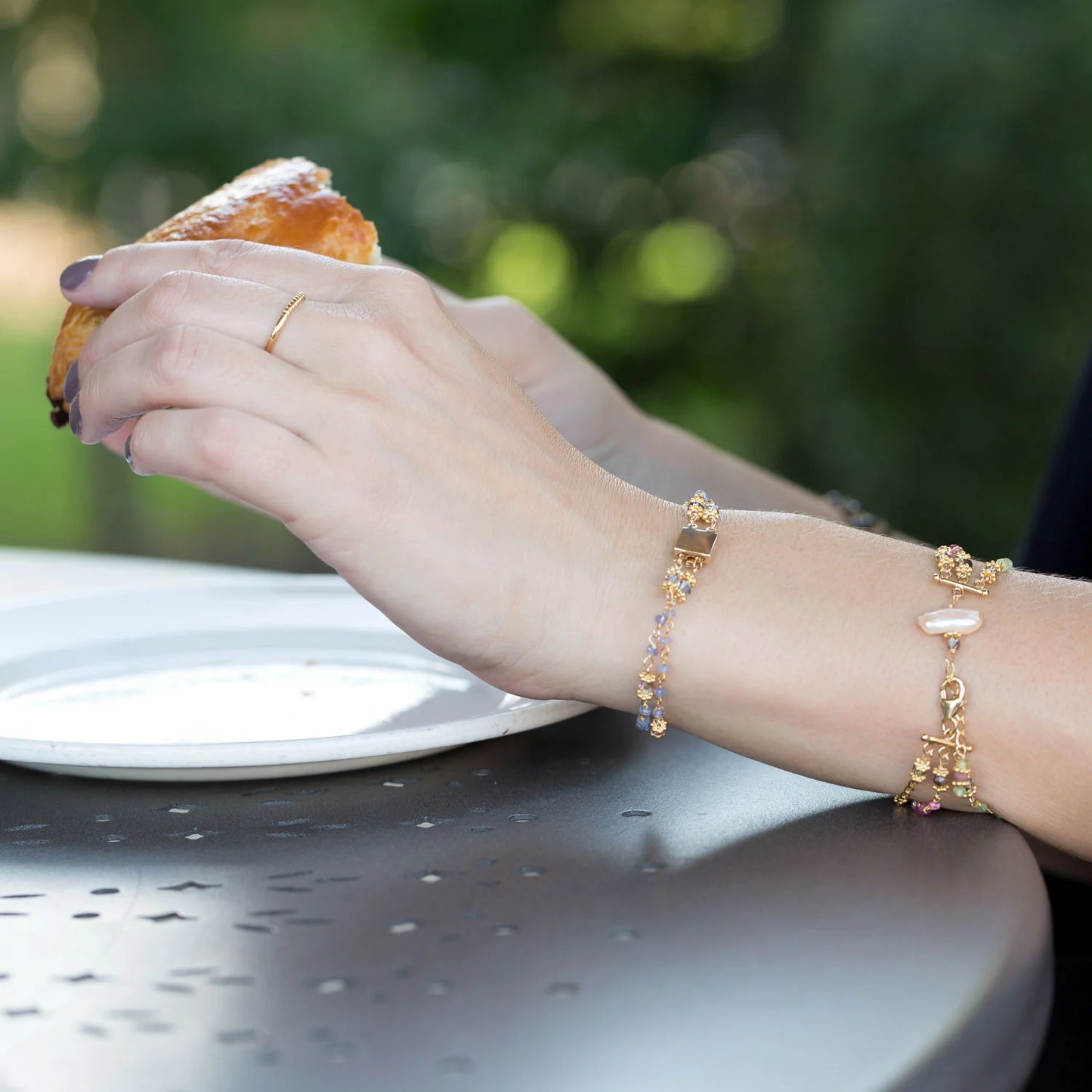 14K Gold Plated Double Strand Bracelet with Tanzanite and Citrine