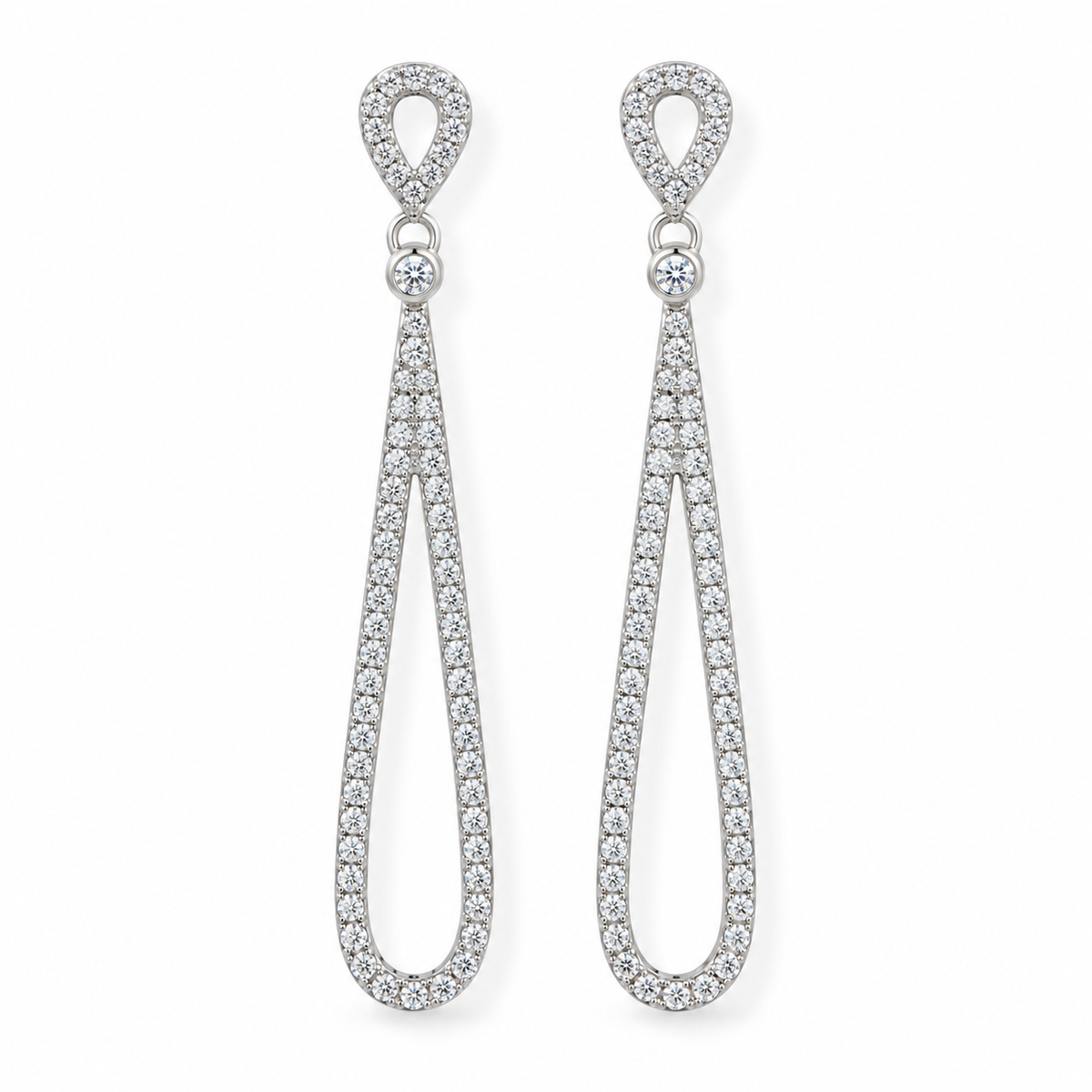 152 CZ Pave Elongated Teardrop Drop Earrings Rhodium Plated 925 Sterling Silver 47mm