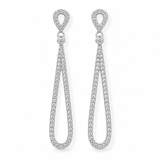 152 CZ Pave Elongated Teardrop Drop Earrings Rhodium Plated 925 Sterling Silver 47mm