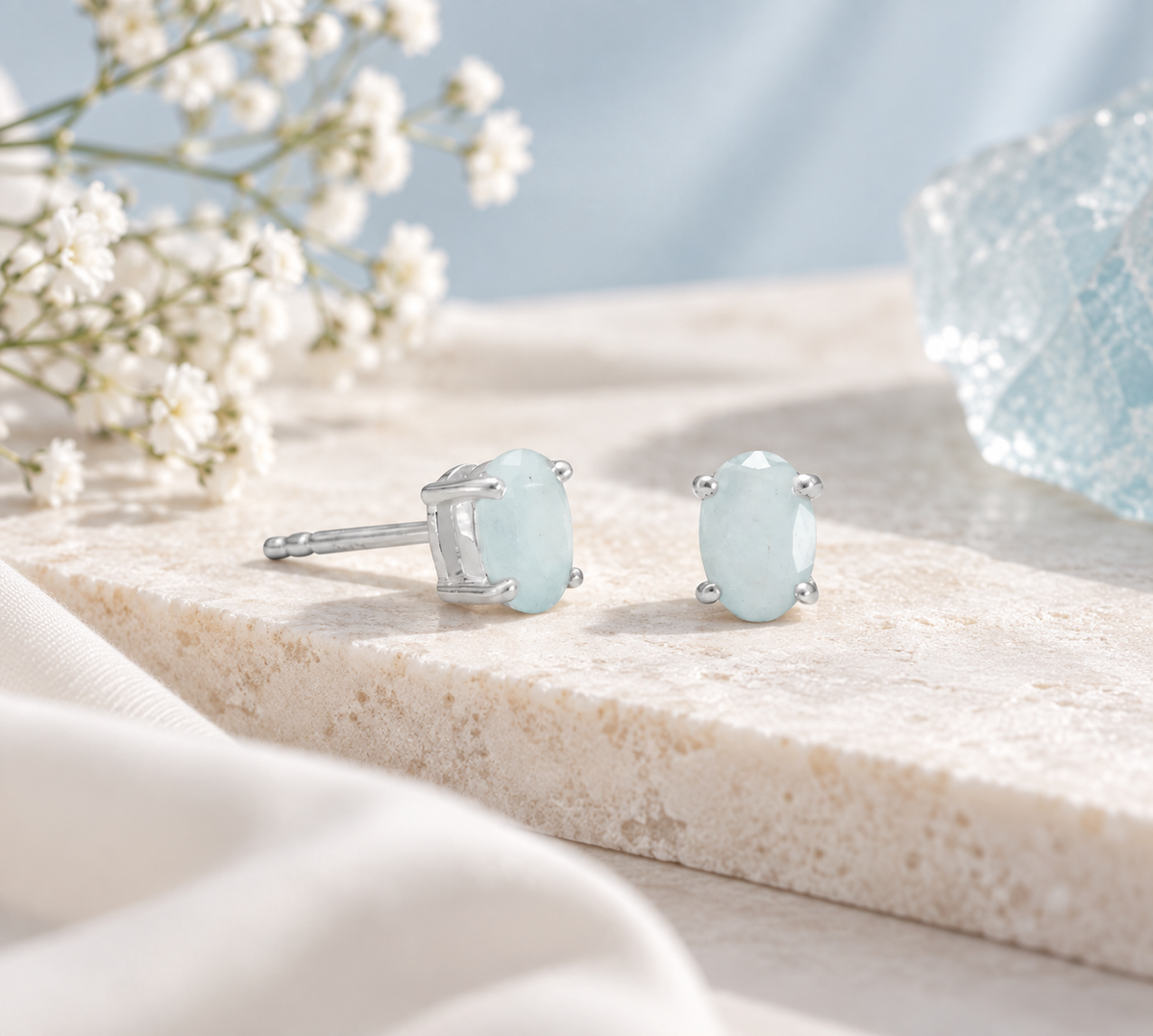 Aquamarine Oval Stud Earrings 925 Sterling Silver 4x6mm Faceted Four-Prong