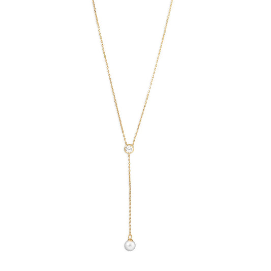 16"+ 2" extension 14 Karat Gold Plated Necklace with CZ and Imitation Pearl Drop