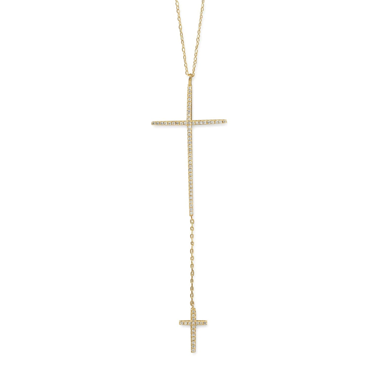 14 Karat Gold Plated Sterling Silver Necklace with Double CZ Cross Drop, 24 Inch Chain, Lobster Clasp