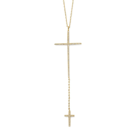 14 Karat Gold Plated Sterling Silver Necklace with Double CZ Cross Drop, 24 Inch Chain, Lobster Clasp
