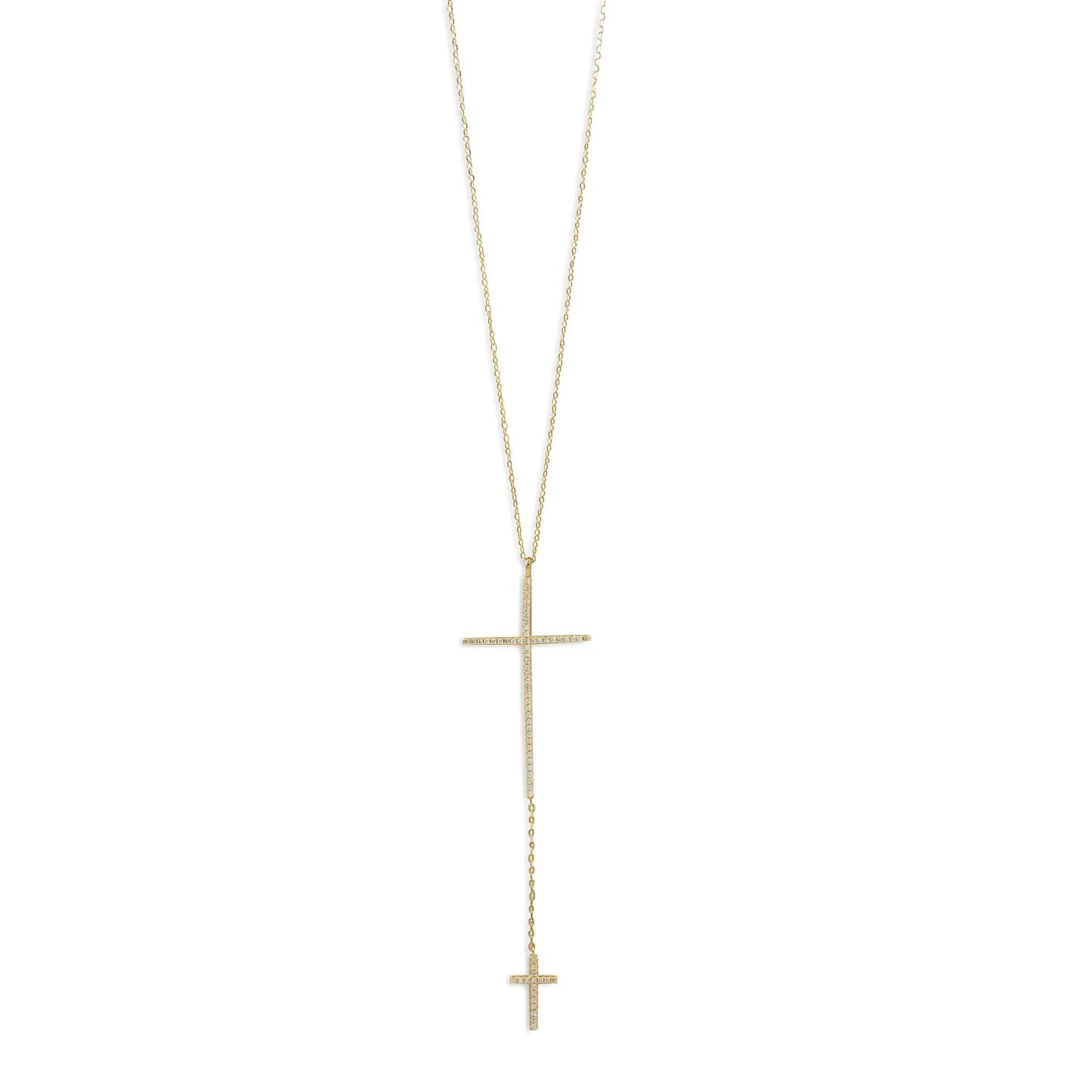 14 Karat Gold Plated Sterling Silver Necklace with Double CZ Cross Drop, 24 Inch Chain, Lobster Clasp