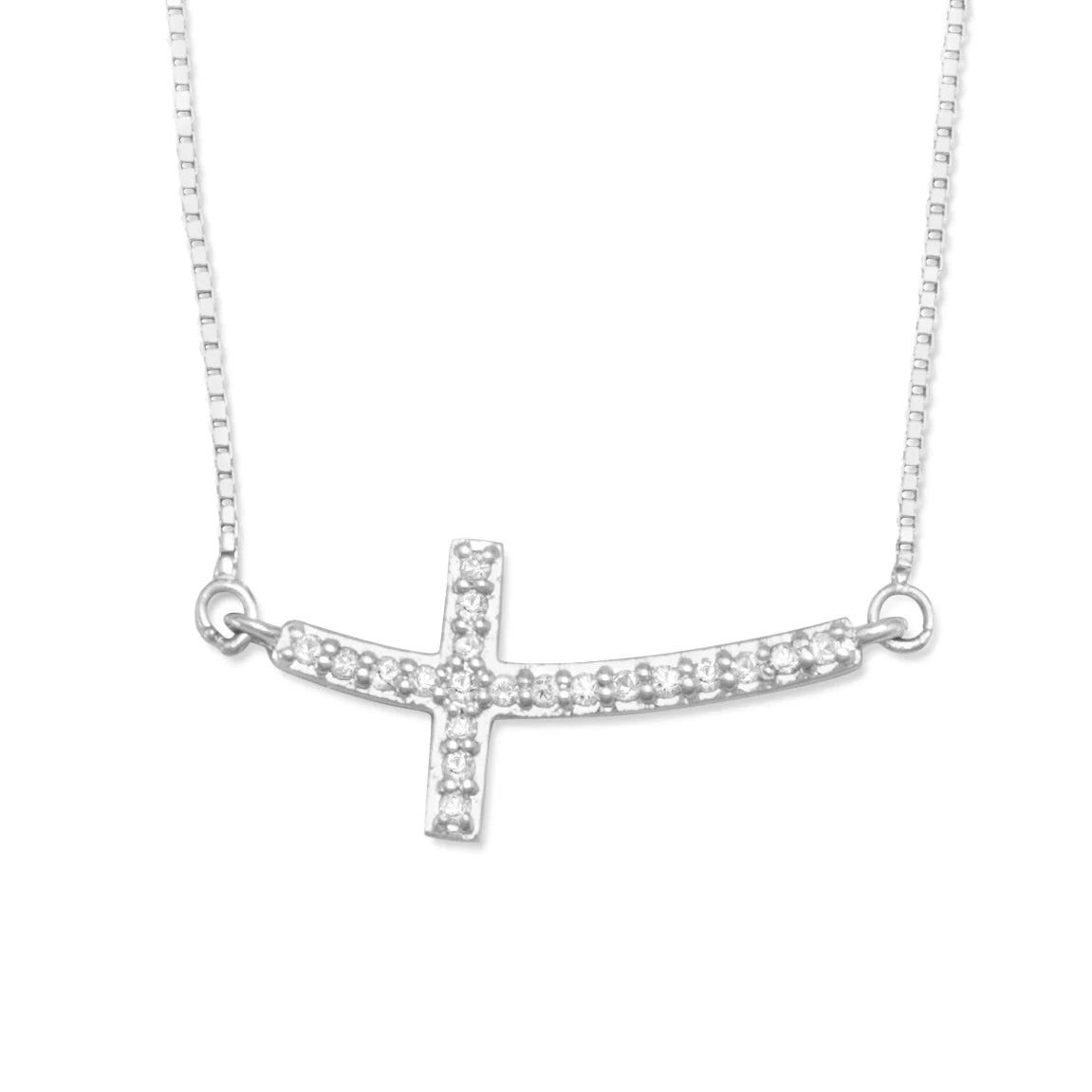 18" + 2" extension Rhodium Plated Sideways Cross Necklace with Diamonds