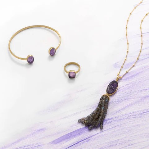 16" + 2" extension 14 Karat Gold Plated Amethyst and Labradorite Tassel Necklace