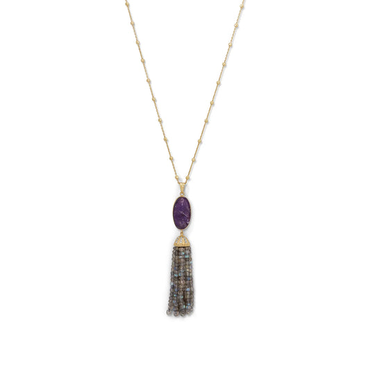 16" + 2" extension 14 Karat Gold Plated Amethyst and Labradorite Tassel Necklace