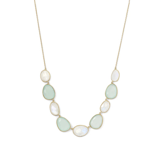 16" + 2" extension 14 Karat Gold Plated Rainbow Moonstone and Green Chalcedony Necklace