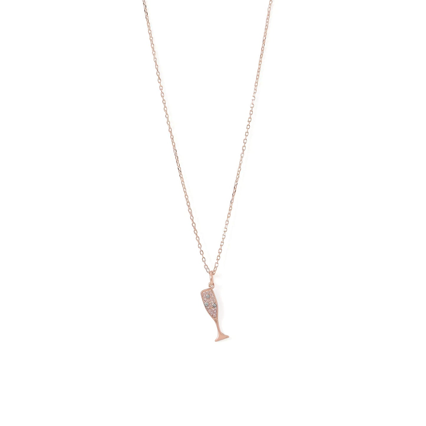 14 Karat Rose Gold Plated Sterling Silver Champagne Glass Charm Necklace, CZ Pave Setting, 16 Inch Chain with 2 Inch Extension