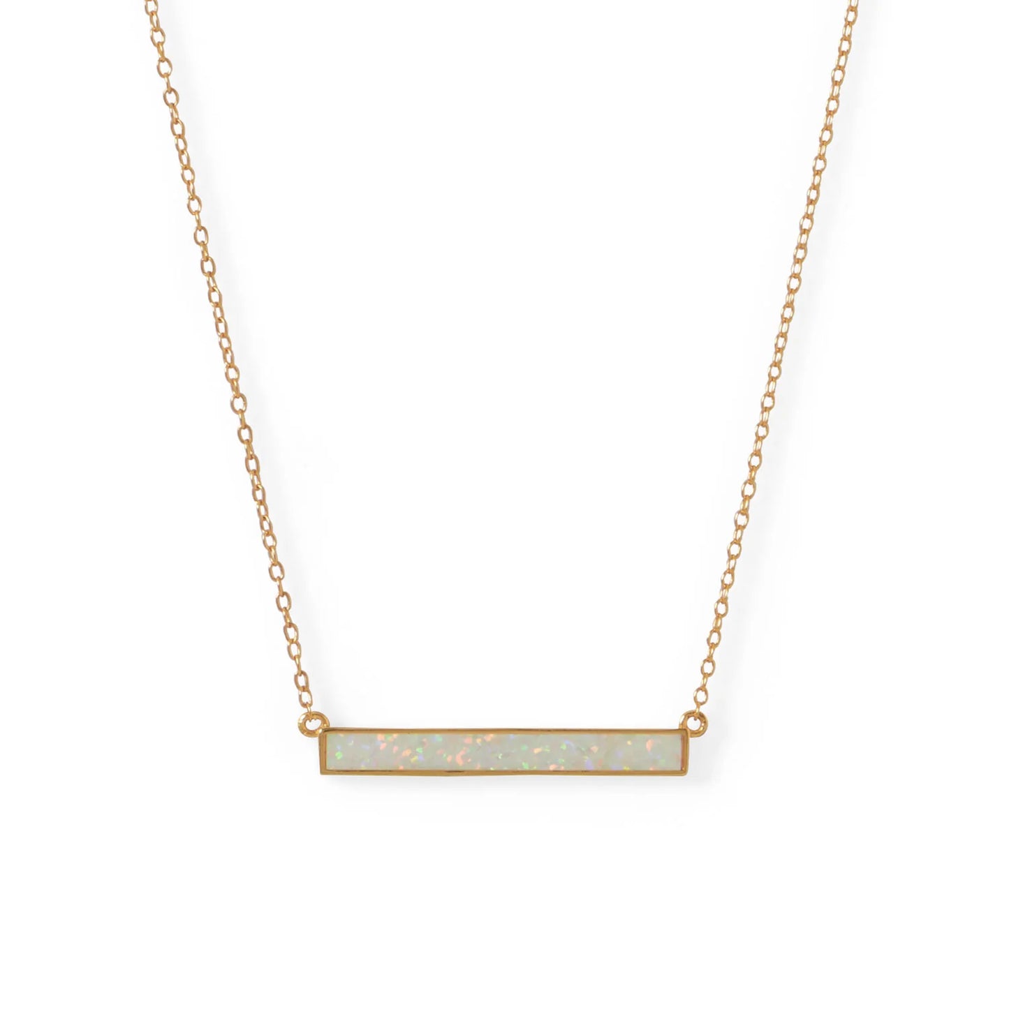 Synthetic White Opal Bar Necklace 14K Gold Plated 925 Sterling Silver 16+2"