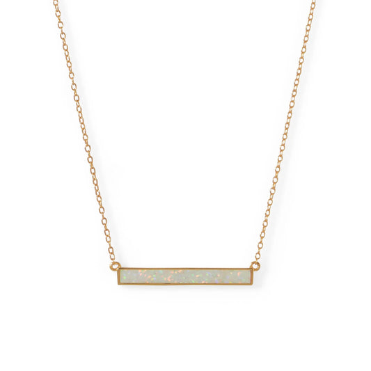 14 Karat Gold Plated Sterling Silver Synthetic White Opal Bar Necklace, 16 Inch Chain Length, 26mm x 3mm Pendant, Spring Ring Closure