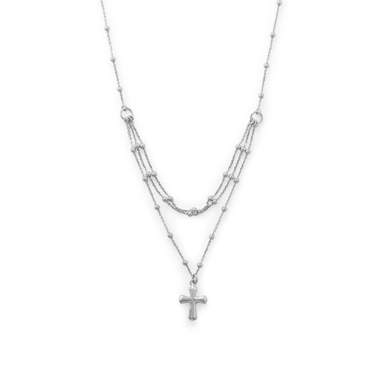 16" 18" Rhodium Plated Three Row Necklace with Cross