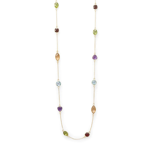 14K Gold Plated Sterling Silver Multi-Gemstone Necklace, 25 Inch Chain, Citrine Garnet Peridot Amethyst Topaz