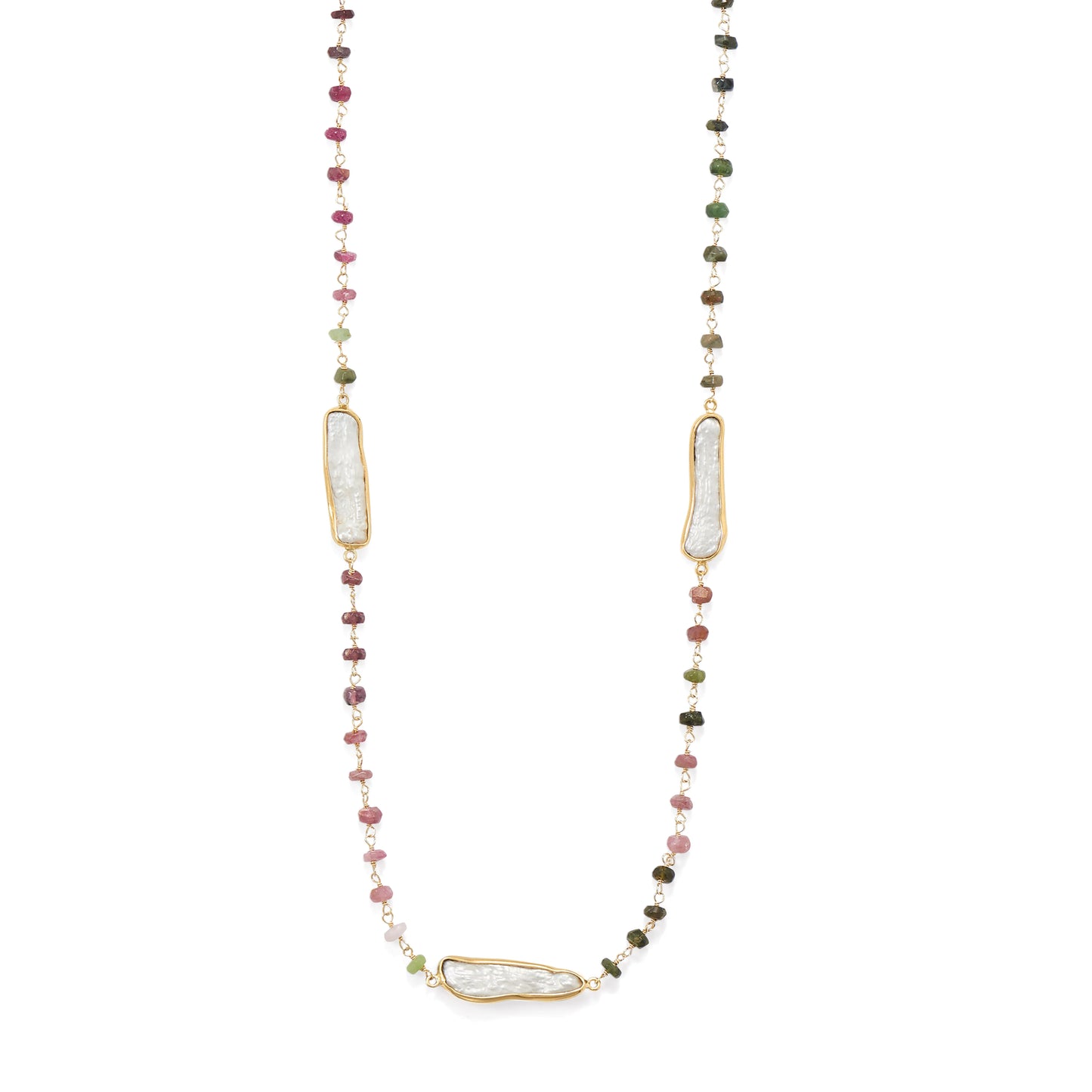 24" 14 Karat Gold Plated Tourmaline and Cultured Freshwater Pearl Necklace