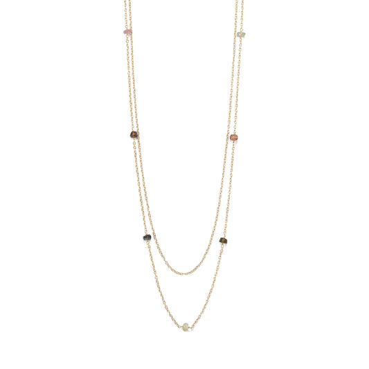 16" with a 2" extension. Two Strand 14 Karat Gold Plated Tourmaline Necklace