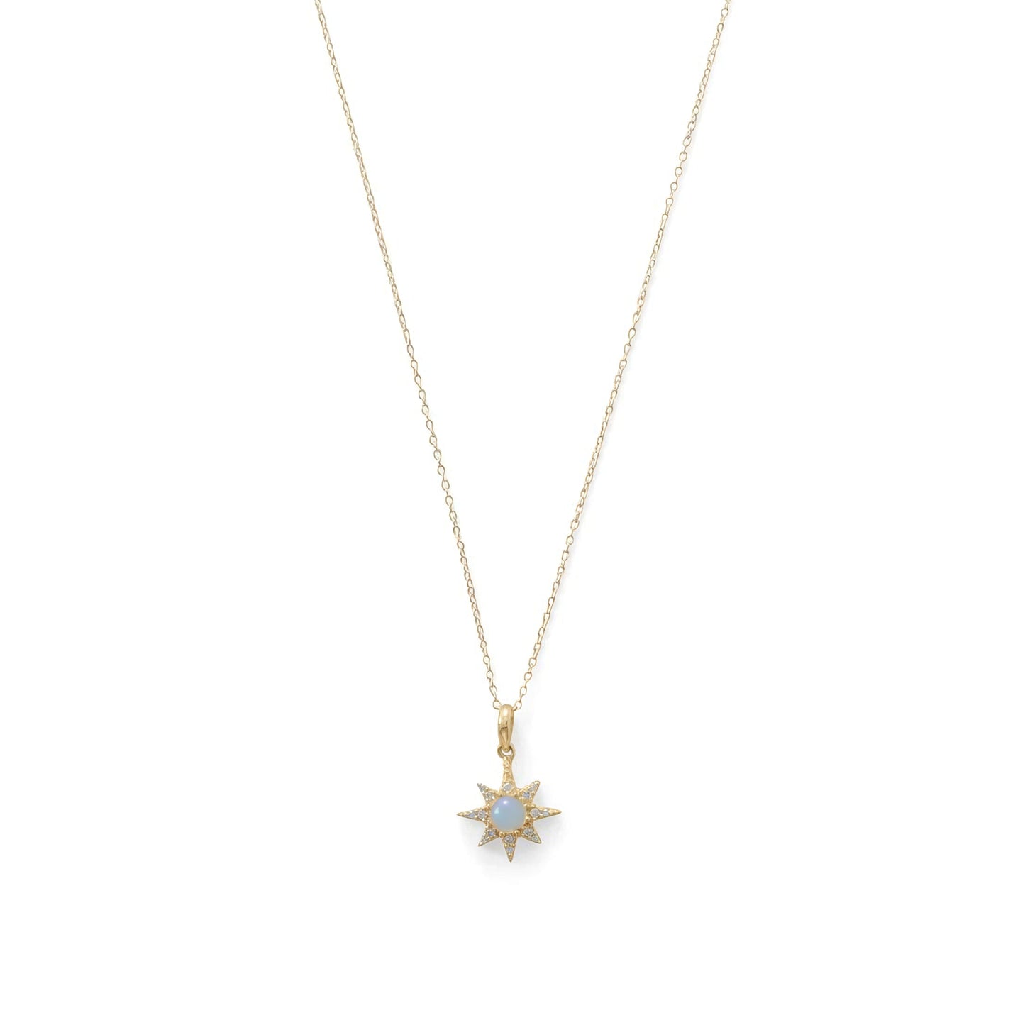 14K Gold Plated Sterling Silver North Star Necklace with CZ and Synthetic Opal, 16 Inch Chain with 2 Inch Extension