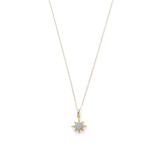 14K Gold Plated Sterling Silver North Star Necklace with CZ and Synthetic Opal, 16 Inch Chain with 2 Inch Extension