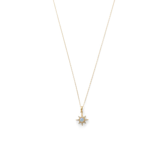 16" with a 2" extension. 14 Karat Gold Plated CZ Star and Synthetic Opal Necklace