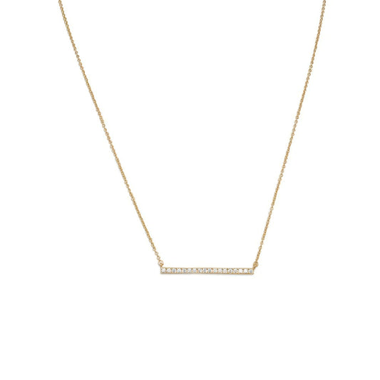 14 Karat Gold Plated Sterling Silver CZ Bar Necklace, Pendant Style, 16 Inch + 2 Inch Extension, Spring Ring Closure