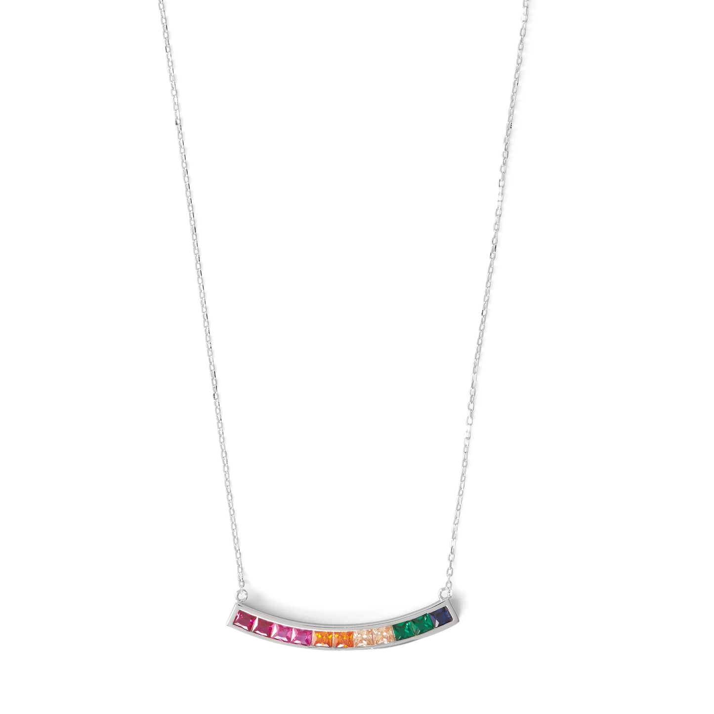 16" with a 2" extension.Rhodium Plated Rainbow CZ Necklace