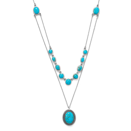 Turquoise Two Row Necklace 925 Sterling Silver Multi-Size Stones 18 20+2in