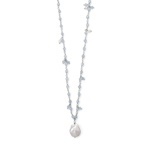Sterling Silver Aquamarine and Cultured Freshwater Pearl Beaded Necklace, Ice Blue, 18 Inch with 2 Inch Extension