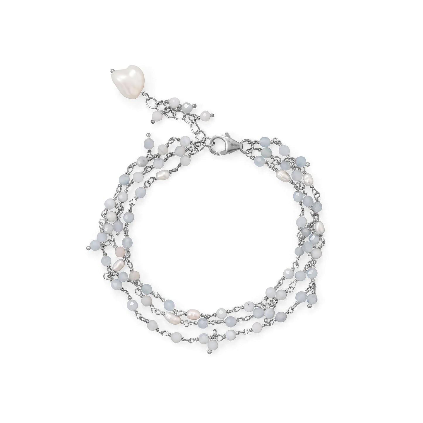 Aquamarine and Pearl Bracelet - Sterling Silver Three Strand Design