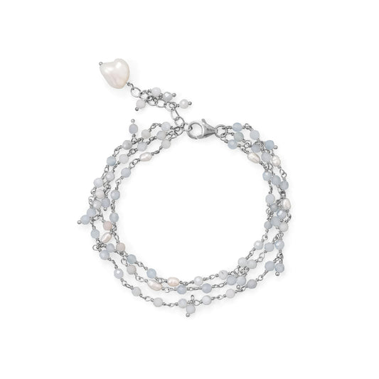 Aquamarine and Pearl Bracelet - Sterling Silver Three Strand Design