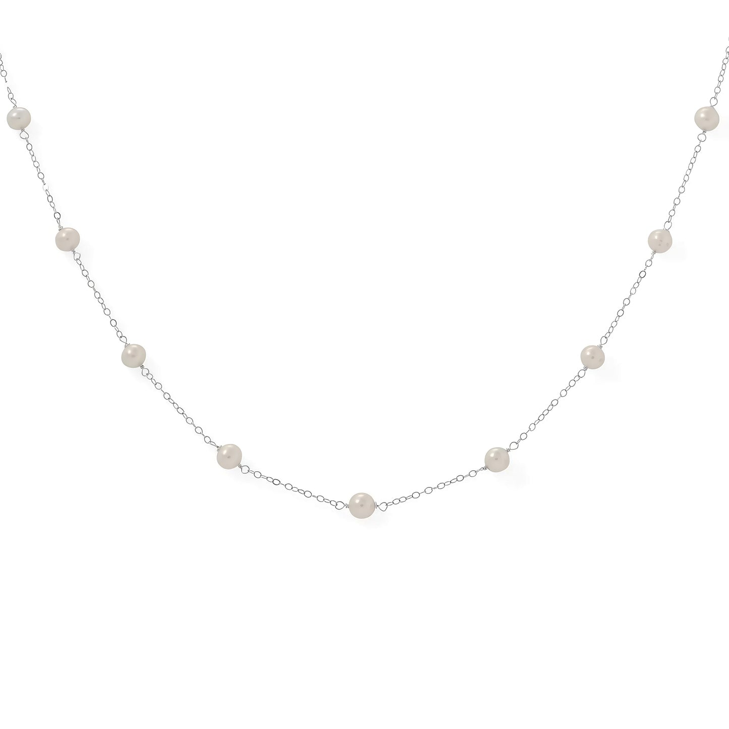 Sterling Silver Cultured Freshwater Pearl Necklace, 16 Inch, 9 Near Round Pearls, 5.5-6mm, Bridal Style, Lobster Clasp
