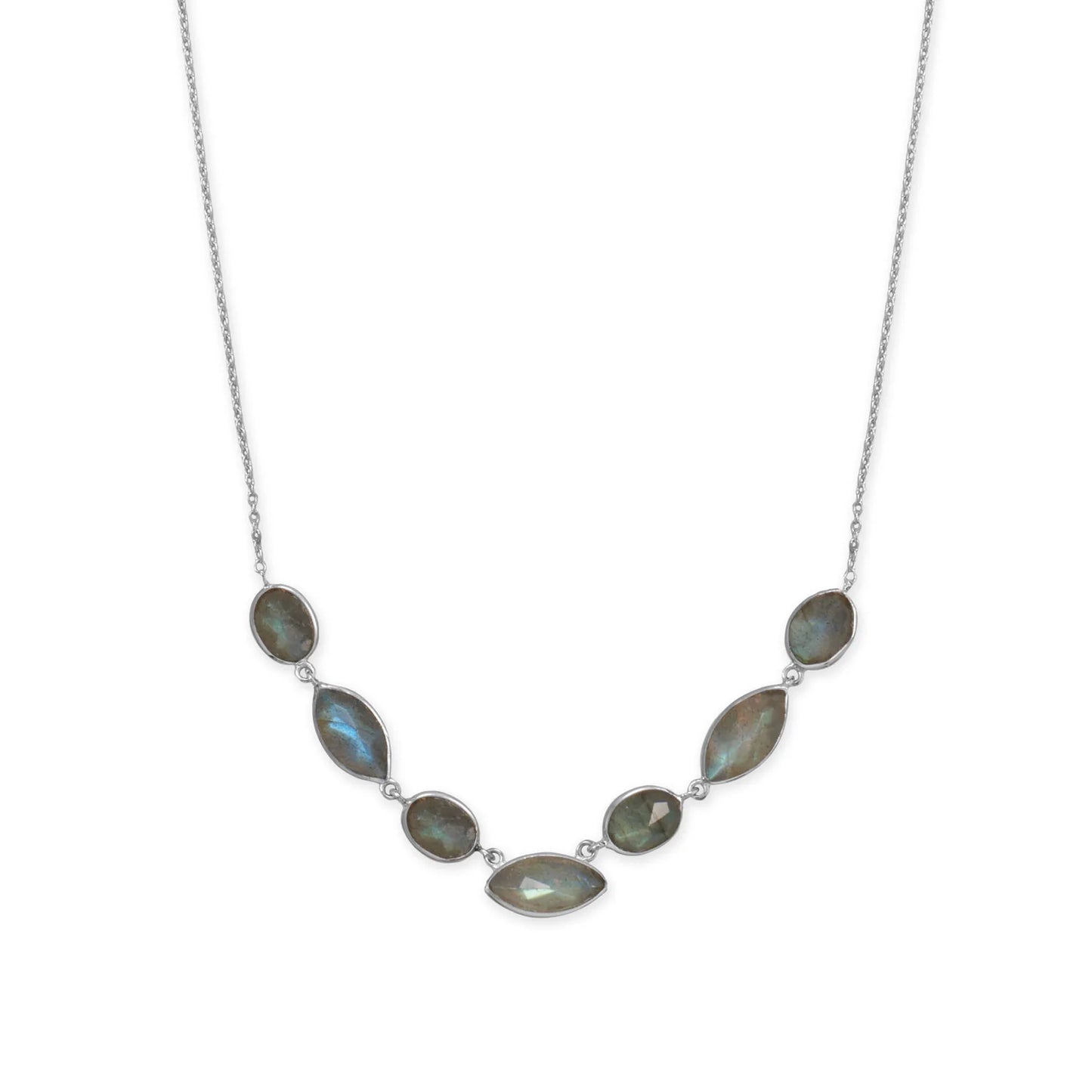 Labradorite Necklace Rhodium 925 Silver Multi-Shape Faceted Round Marquise 16+2