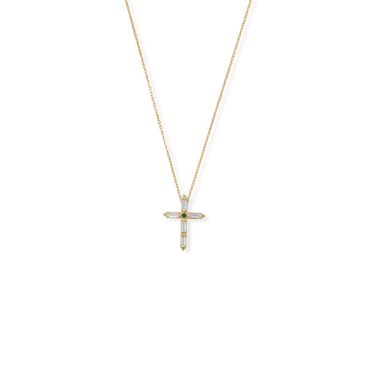 Bodacious Baguettes! 16" + 2" White and Green CZ Cross Necklace