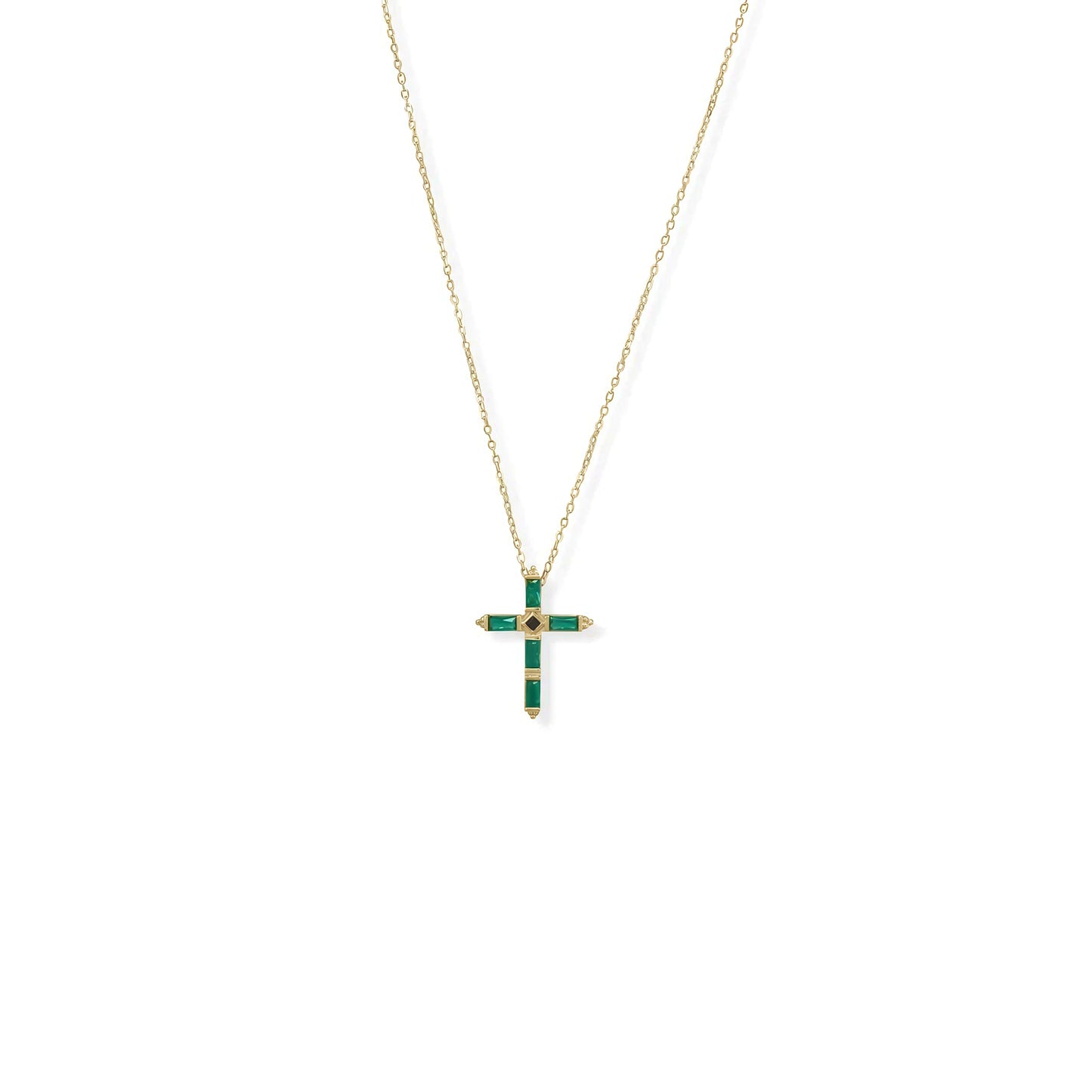 Green CZ Baguette Cross Necklace 14K Gold Plated 925 Silver 20mm 16+2