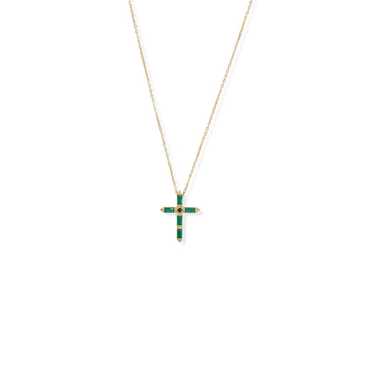 Sterling Silver Emerald Green, Black CZ Cross Pendant Necklace, 14K Gold Plated, 16+2 Inch Chain, Baguette CZ